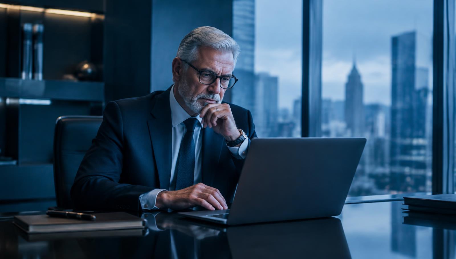 Senior attorney reviewing AI-generated text on a laptop