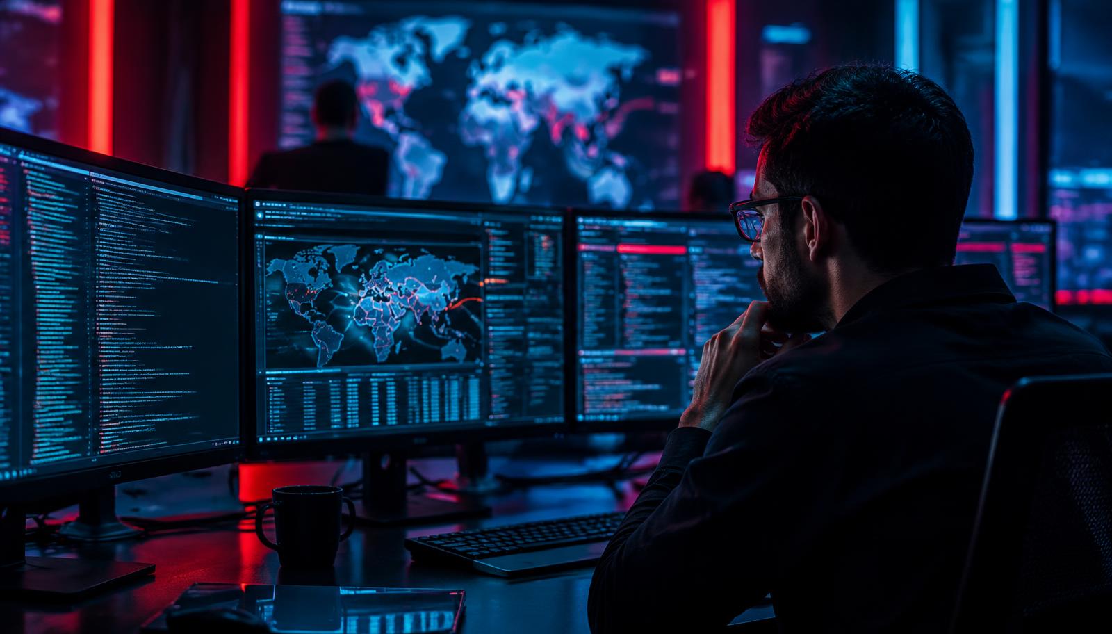 Security specialist reviewing code across several monitors